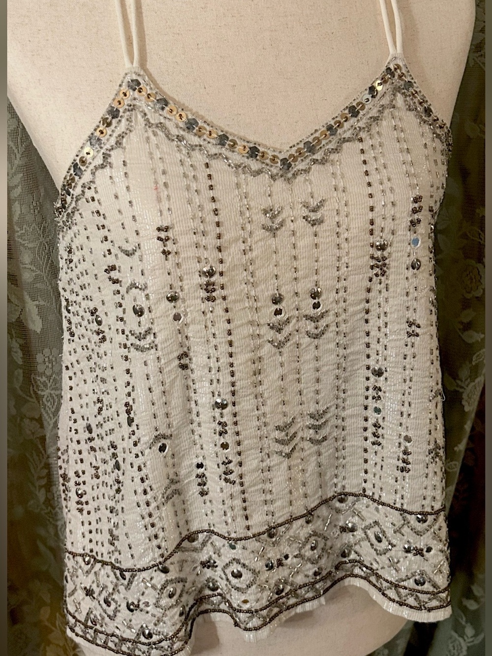 Beaded and Sequined White Spaghetti Strap Tank Festival Top